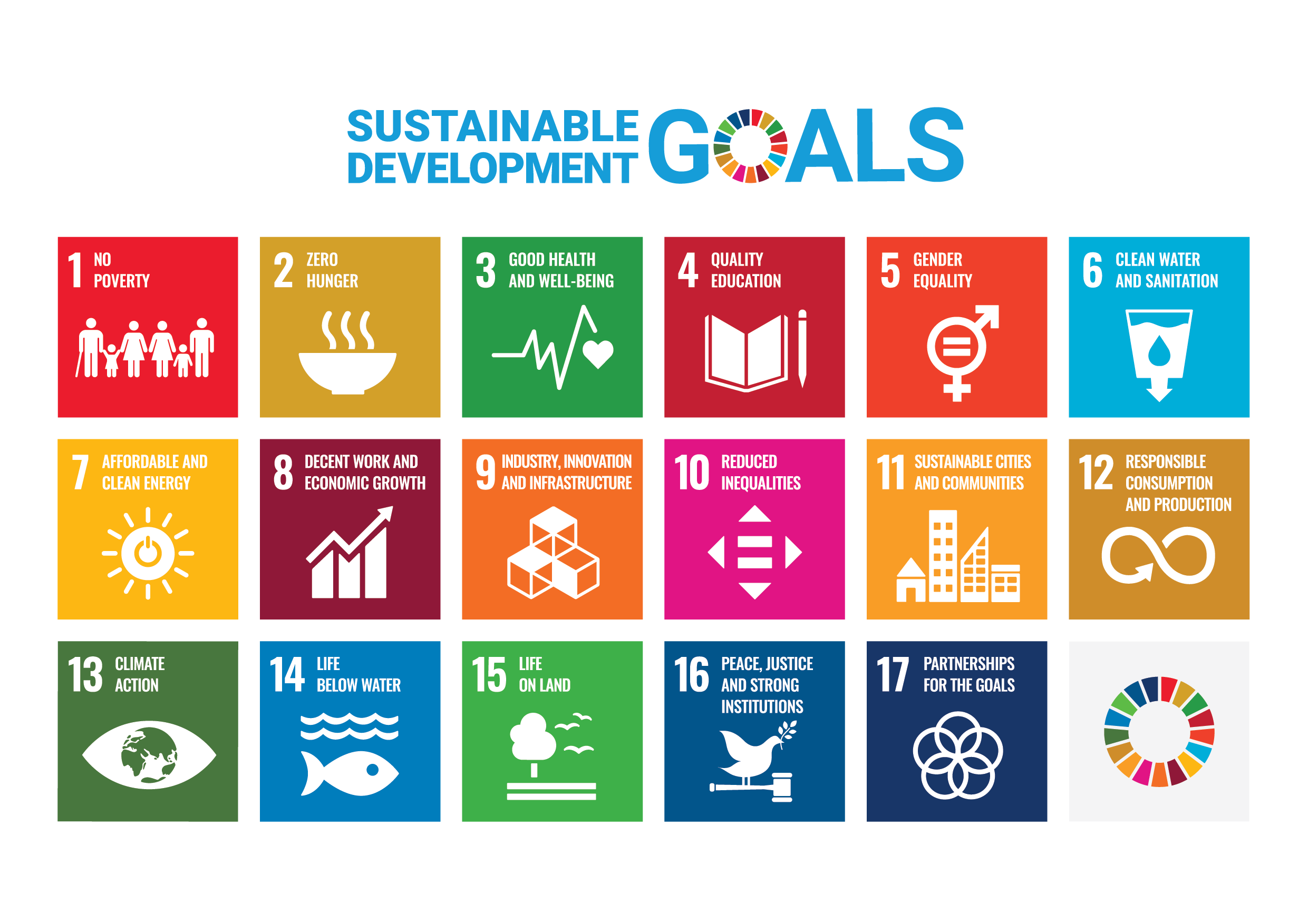 The Sustainable Development Goals (SDGs) logo, including the colour wheel and 17 icons