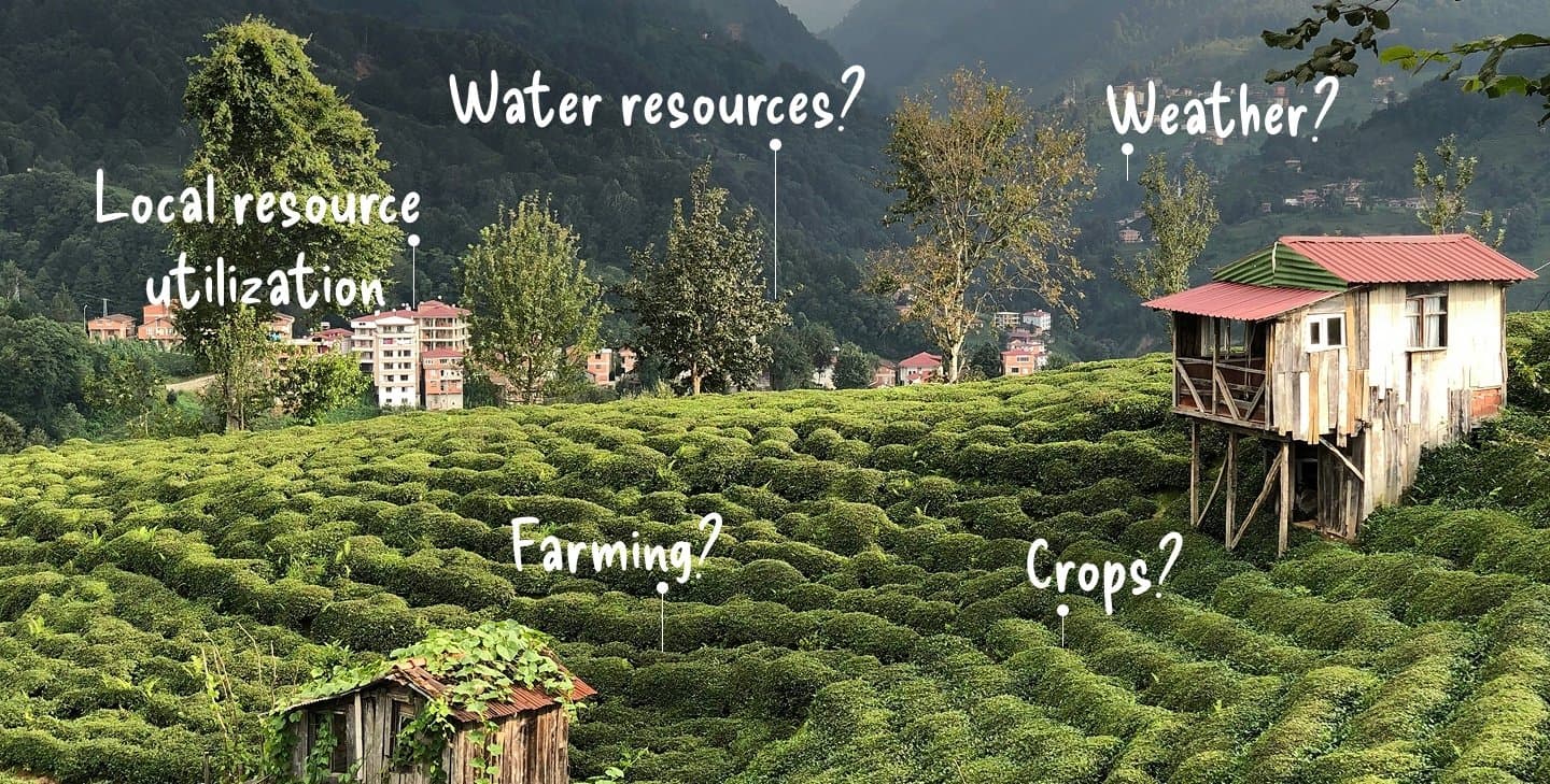 Illustration of an African landscape with graphic elements depicting local resources in text format.