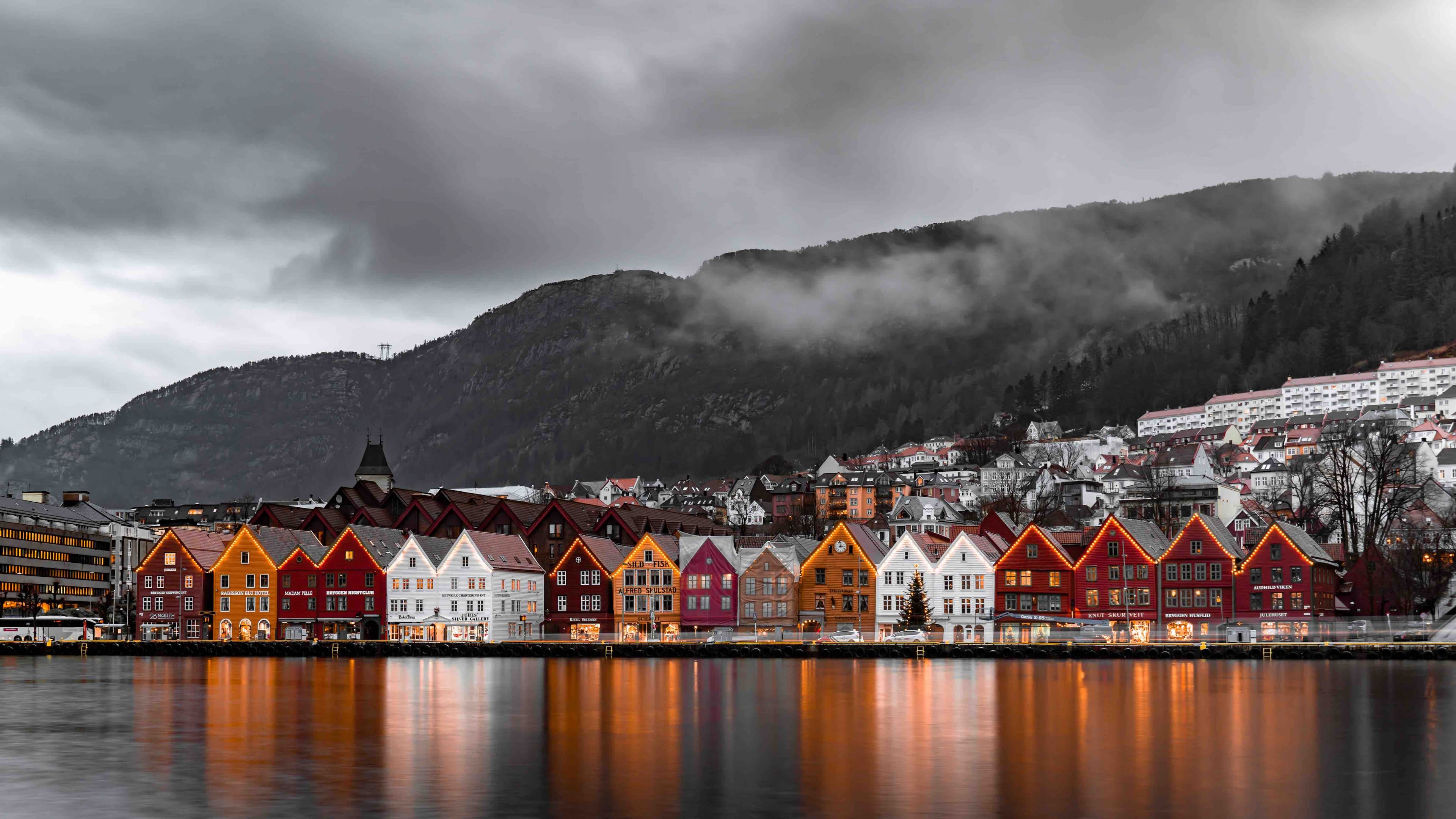 View over houses by the sea in Bergen, Norway.